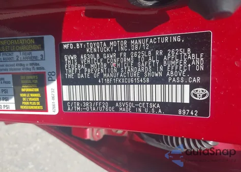 2012 Toyota Camry Se Limited Edition z USA, uszkodzony, nr VIN 4T1BF1FKXCU615458